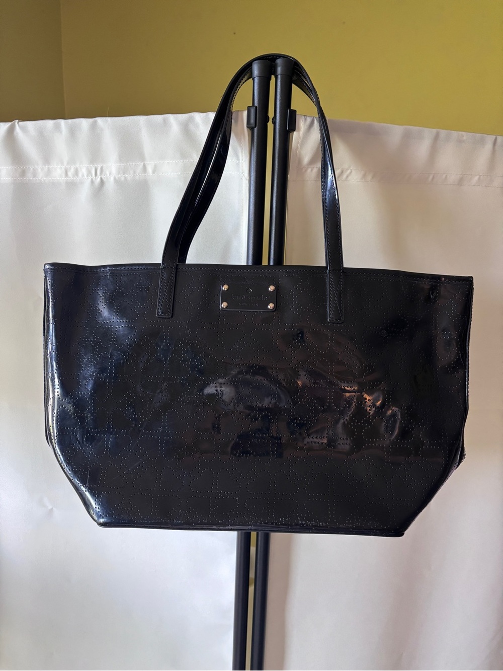 kate spade Black Patent Tote Bag with Subtle Logo Detail